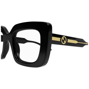 Occhiali Gucci, forma rettangolare, montatura nera con dettagli dorati su asta.