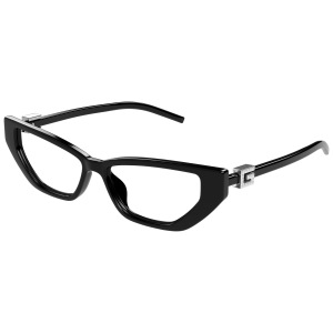 Occhiali Givenchy, forma a gatta, montatura nera lucida con dettaglio G argentato sulle aste.