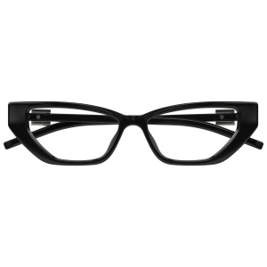 Occhiali cat-eye neri, montatura spessa, stile elegante. Marchio non visibile.