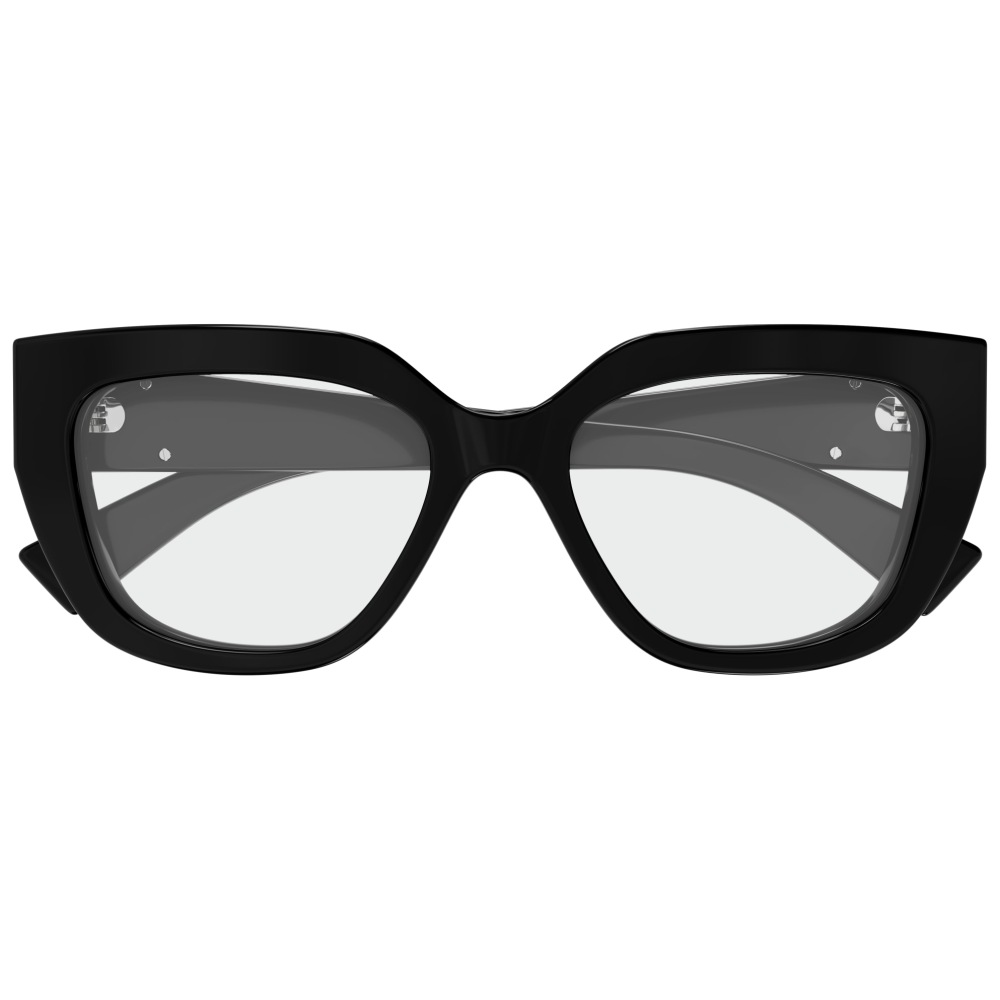 Occhiali da vista, montatura nera spessa, forma cat-eye, design audace ed elegante, perfetti per un look distintivo.