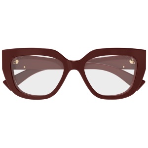 Occhiali da sole, montatura marrone, forma cat-eye, design elegante, dettagli dorati sulle aste laterali.