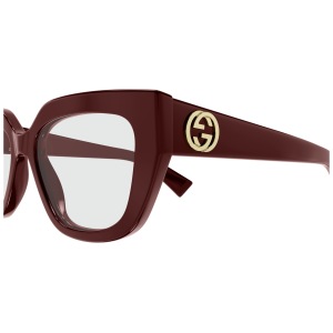 Occhiale Gucci, montatura rettangolare marrone scuro con logo dorato sulle aste.