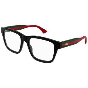 Gucci GG1870O 001 black green transpare Occhiali da vista Occhiali Gucci, montatura rettangolare nera con aste verdi e rosse, logo dorato sulle aste.