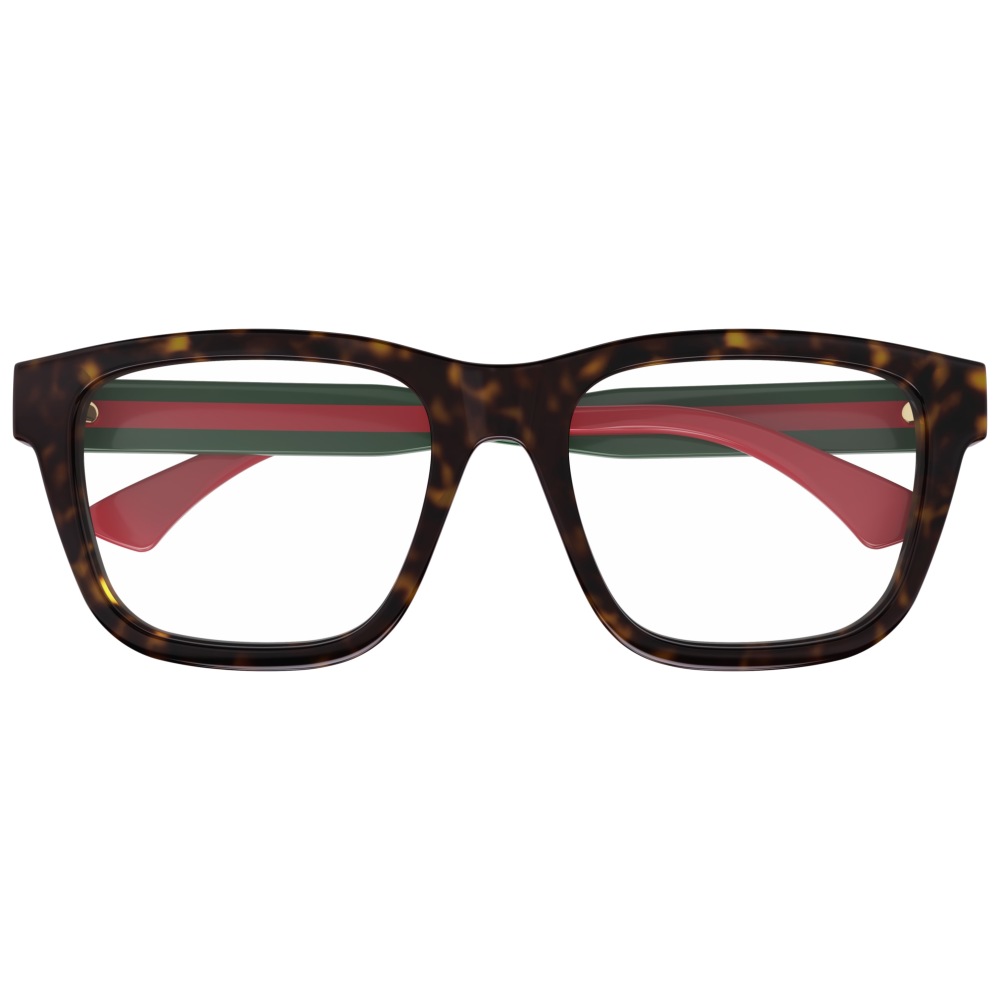 Occhiale da vista tartarugato, forma rettangolare, montatura in acetato, dettagli verdi e rossi.