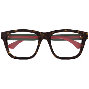 Occhiale da vista tartarugato, forma rettangolare, montatura in acetato, dettagli verdi e rossi.