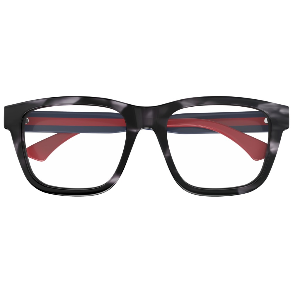 Occhiali rettangolari con montatura nera e stanghette rosse, design moderno, marchio sconosciuto.