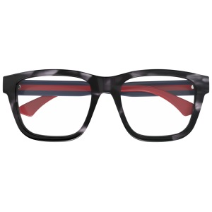 Occhiali rettangolari con montatura nera e stanghette rosse, design moderno, marchio sconosciuto.