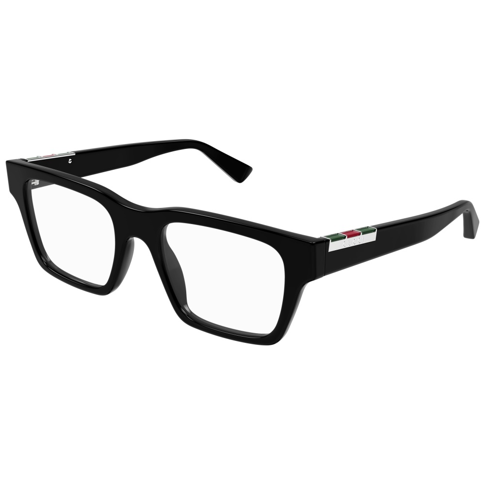 Montatura nera rettangolare; dettaglio iconico in metallo con logo e colori verde-rosso-verde sulle aste.