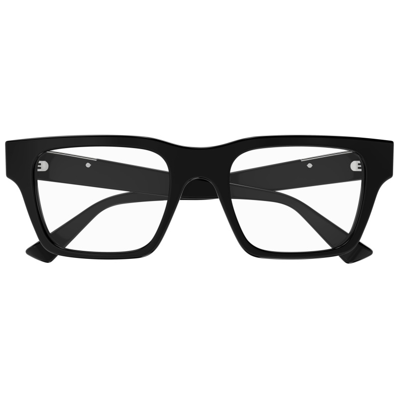 Occhiali da vista neri, squadrati, montatura spessa, senza marchio visibile.