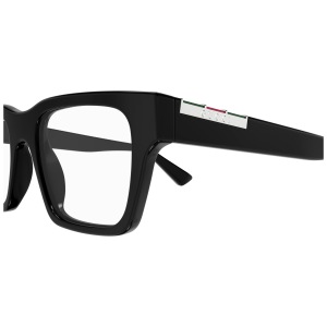 Occhiali Gucci, montatura rettangolare nera con dettaglio logo e bandiera italiana sulle aste.