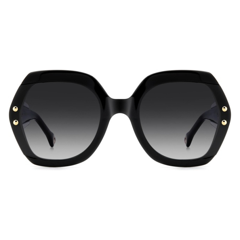 Occhiali da sole, montatura nera oversize, forma esagonale, dettagli dorati, stile elegante.