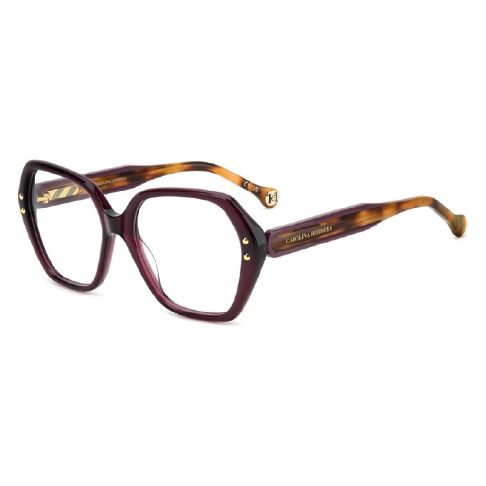 Montatura Carolina Herrera, forma squadrata, colore marrone bicolore, dettagli dorati sulle aste.