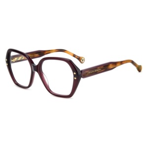 Montatura Carolina Herrera, forma squadrata, colore marrone bicolore, dettagli dorati sulle aste.