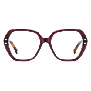 Occhiali da vista Prada, montatura oversize, forma esagonale, colore bordeaux con dettagli dorati.
