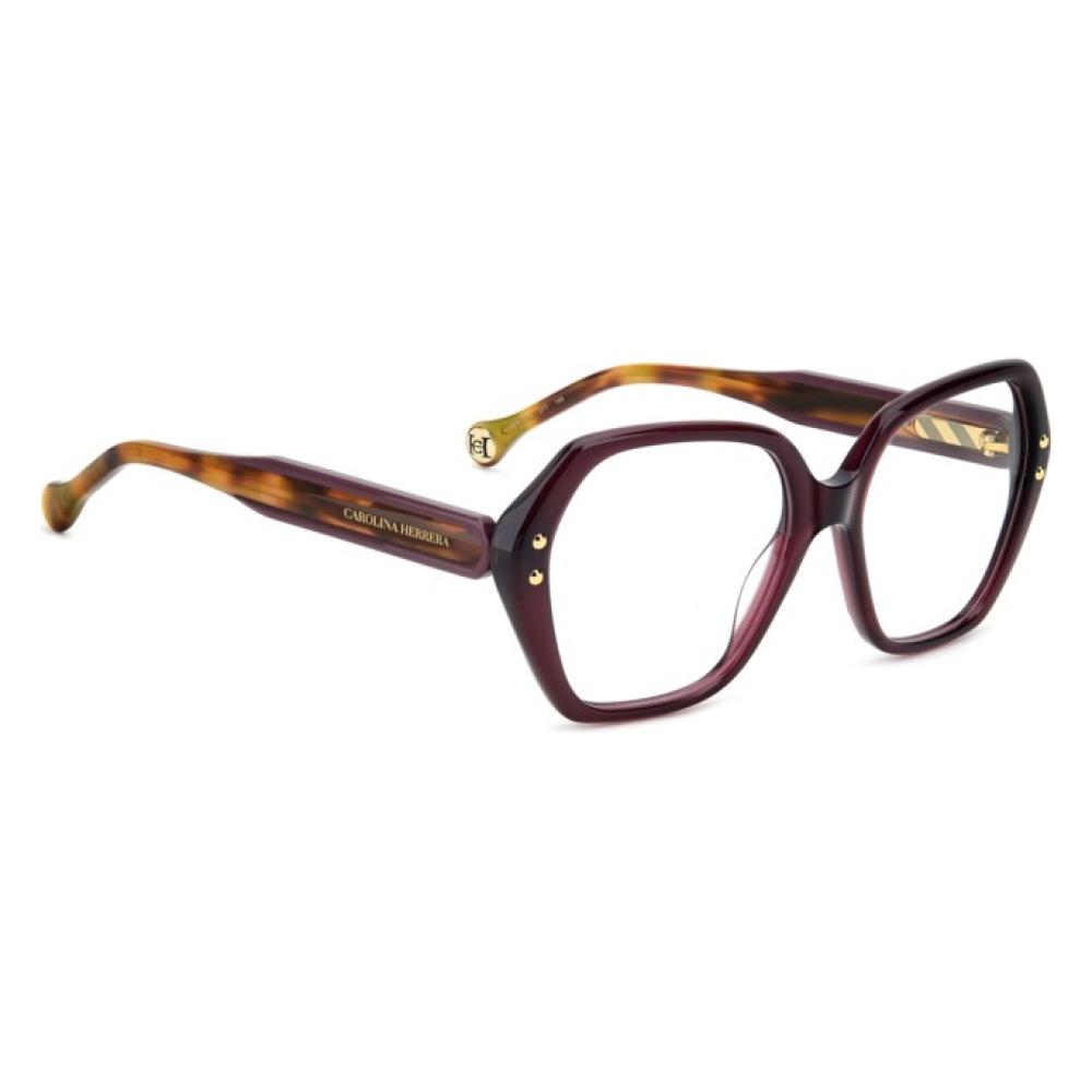 Occhiali da vista Carolina Herrera, montatura squadrata bordeaux con aste tartarugate e dettagli oro.