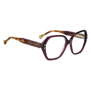 Occhiali da vista Carolina Herrera, montatura squadrata bordeaux con aste tartarugate e dettagli oro.