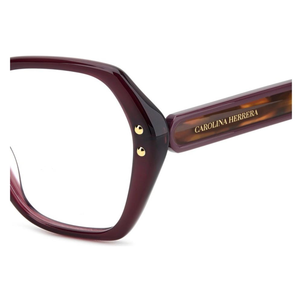 Occhiali Carolina Herrera, montatura rettangolare bordeaux con dettagli dorati.