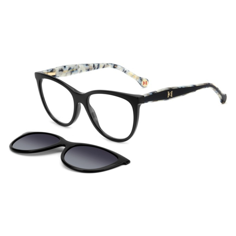 Occhiali da vista Hogan, montatura nera con aste marmorizzate, forma cat-eye, accessori intercambiabili.