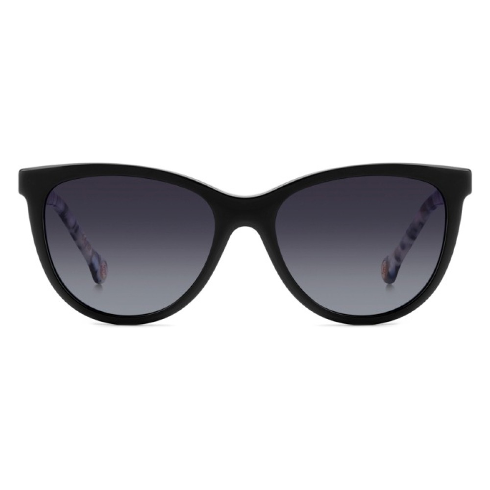 Occhiali da sole, montatura nera, forma a gatto, lenti scure sfumate.