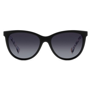 Occhiali da sole, montatura nera, forma a gatto, lenti scure sfumate.