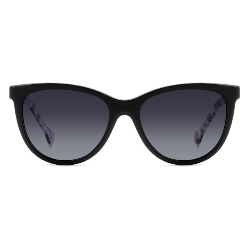 Occhiali da sole, montatura nera, forma a gatto, lenti scure sfumate.
