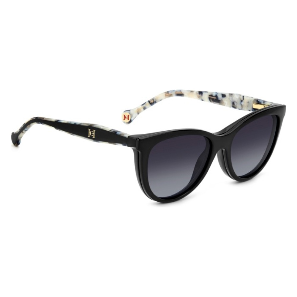 Occhiale da sole cat-eye, montatura nera con aste tartarugate, marchio con monogramma dorato al lato.