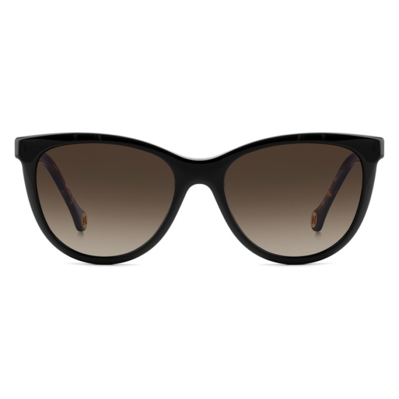 Occhiali da sole, montatura nera lucida a forma di occhio di gatto, lenti sfumate marroni.