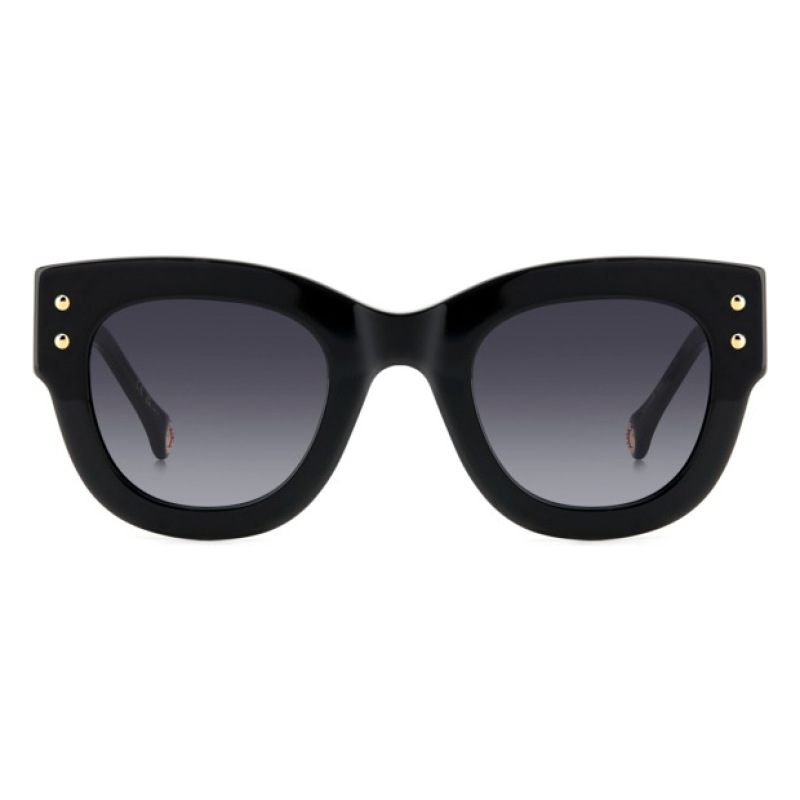 Occhiali da sole, montatura a farfalla nera, dettagli metallici.