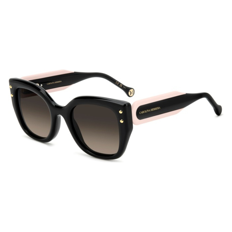 Occhiali da sole Carolina Herrera, montatura oversize nera, dettagli oro, stanghette nere e rosa.