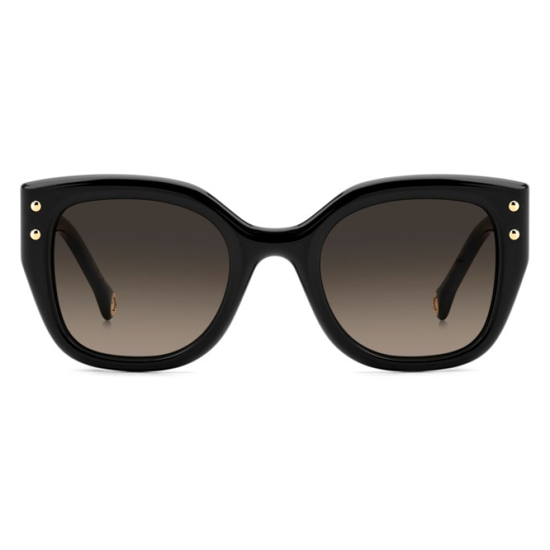 Occhiali da sole, montatura nera rettangolare, due dettagli metallici ai lati, lenti sfumate scure.