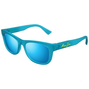 Occhiali Maui Jim, montatura turchese, forma Wayfarer, lenti specchiate blu.