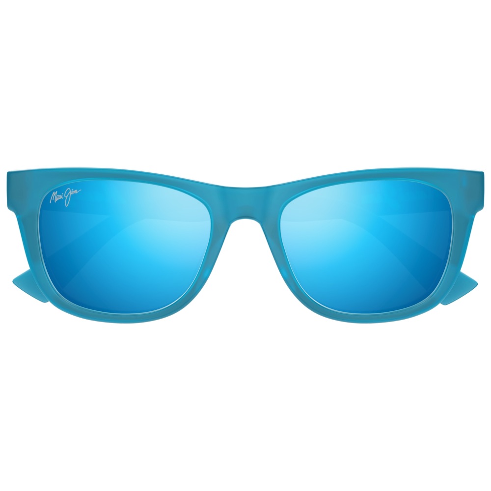 Occhiali da sole Maui Jim, montatura rettangolare blu, lenti azzurre a specchio.