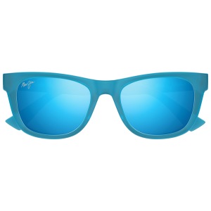 Occhiali da sole Maui Jim, montatura rettangolare blu, lenti azzurre a specchio.