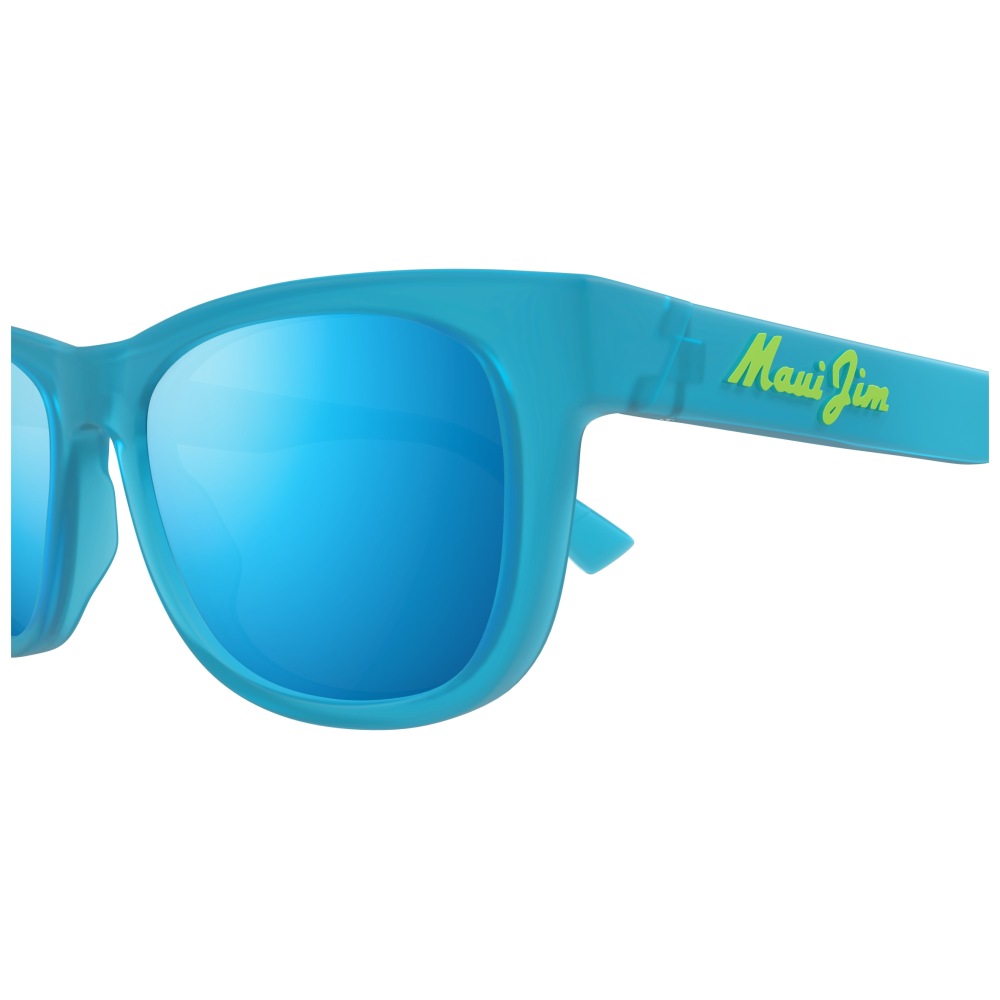 Occhiali Maui Jim, montatura squadrata blu trasparente con lenti azzurre specchiate.
