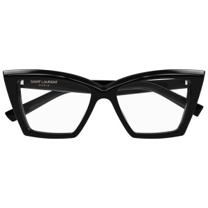 Occhiali Saint Laurent, montatura nera spessa, forma cat-eye, elegante e moderna.