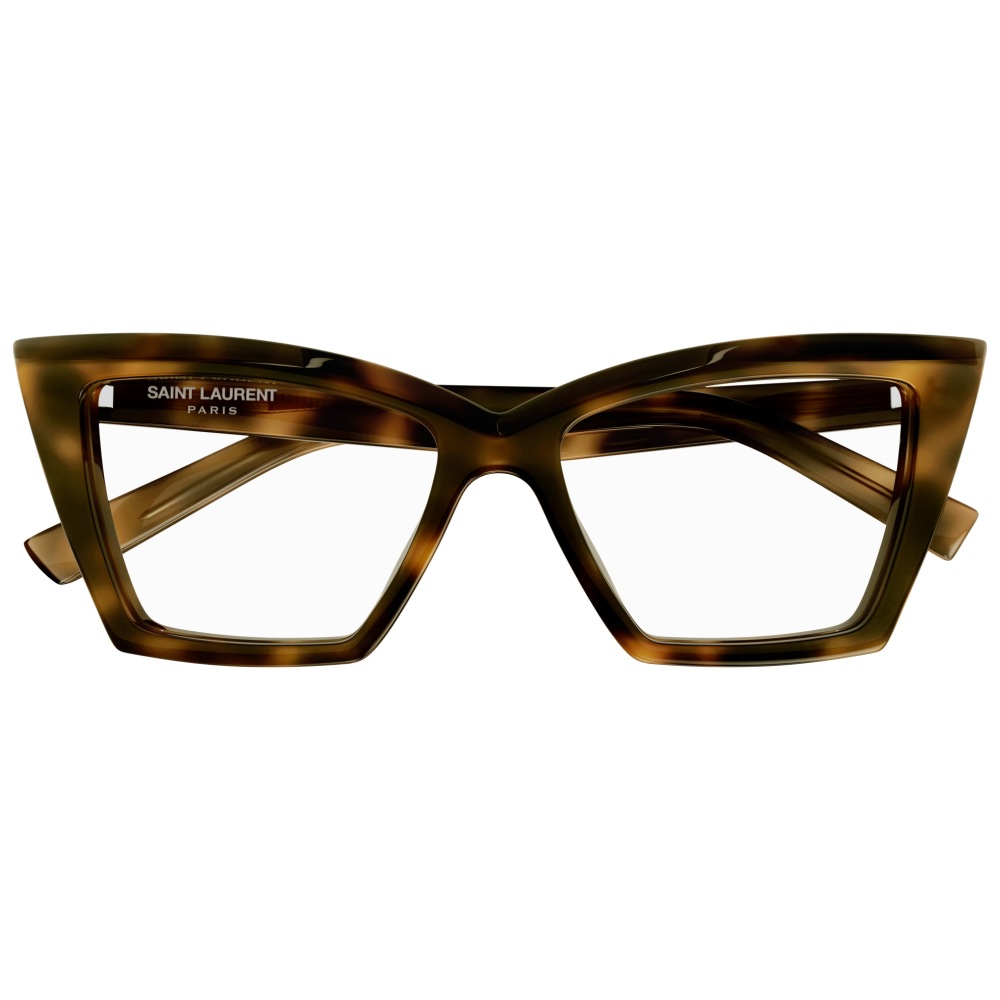 Occhiali Saint Laurent con montatura tartarugata squadrata marrone.