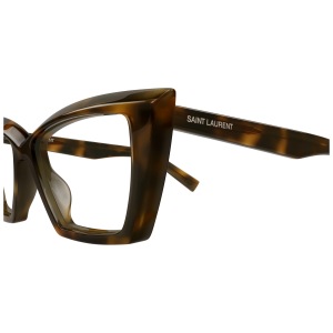 Occhiali Saint Laurent, montatura tartarugata marrone, forma squadrata e ampia.