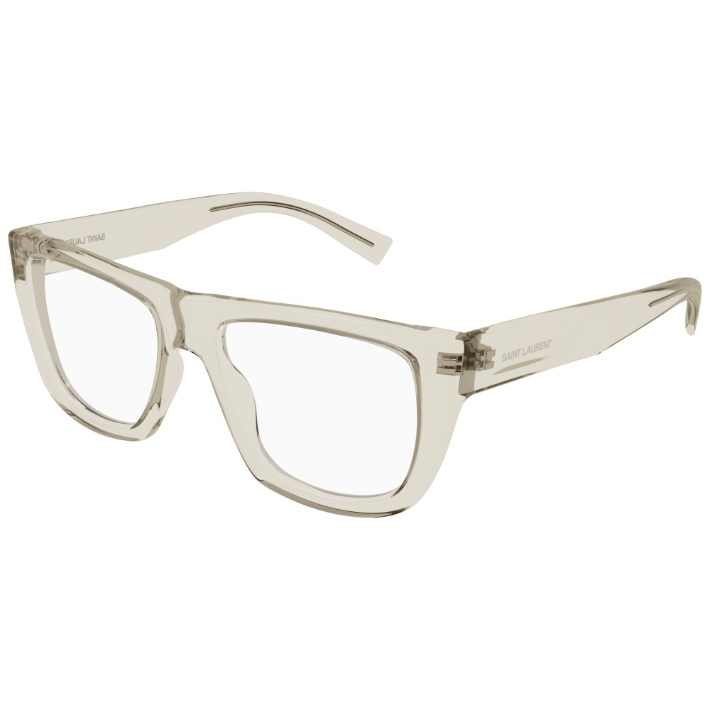 Occhiale Saint Laurent, montatura rettangolare trasparente, moderno ed elegante.