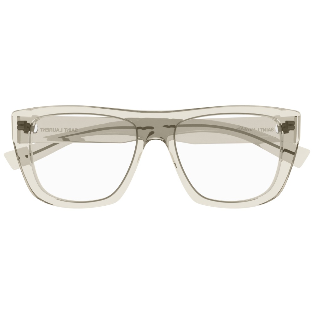 Occhiali Saint Laurent, montatura rettangolare trasparente beige chiaro, design moderno e minimalista.