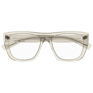 Occhiali Saint Laurent, montatura rettangolare trasparente beige chiaro, design moderno e minimalista.