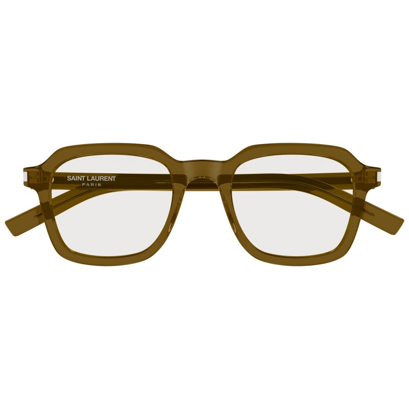 Occhiale Saint Laurent, montatura rettangolare trasparente marrone oliva.
