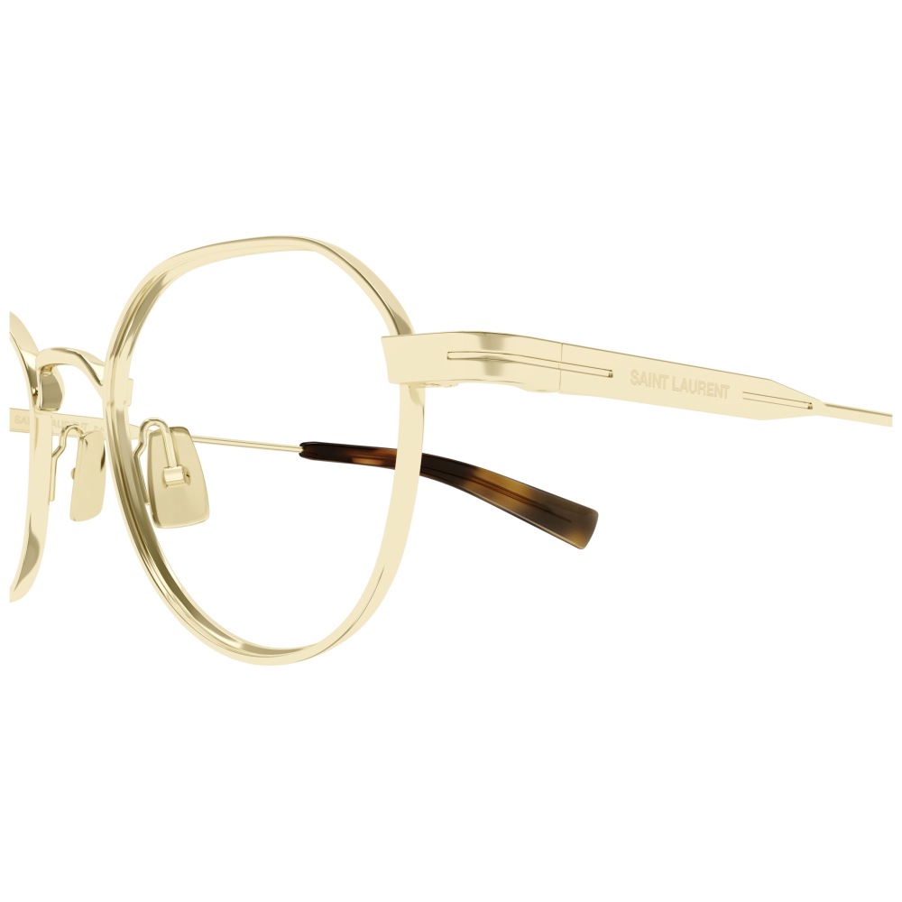 Occhiali Saint Laurent, montatura dorata, forma rotonda, elegante e moderna.
