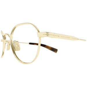 Occhiali Saint Laurent, montatura dorata, forma rotonda, elegante e moderna.