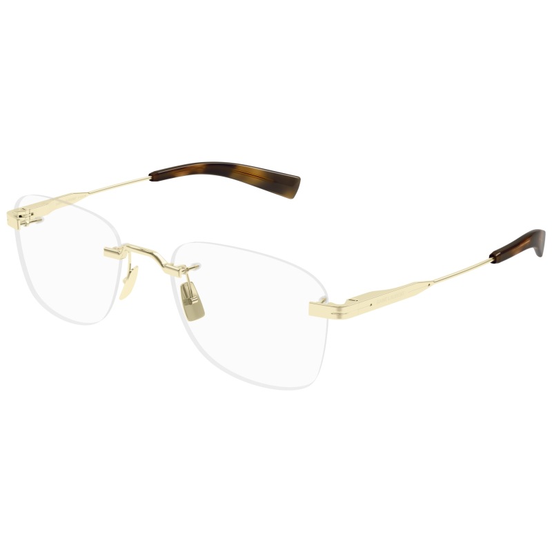 Occhiali Saint Laurent, montatura oro sottile, forma rettangolare, aste marroni, design elegante e minimalista.