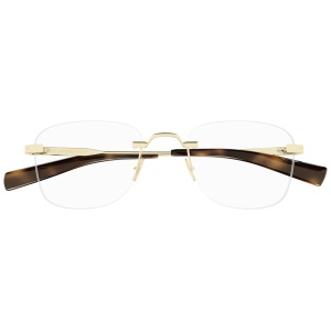 Occhiali Saint Laurent, montatura rimless oro con astine marroni. Design elegante e moderno.