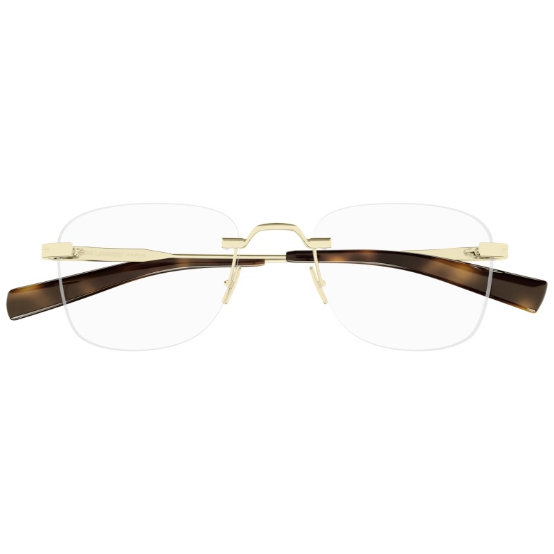 Occhiali Saint Laurent, montatura rimless oro con astine marroni. Design elegante e moderno.