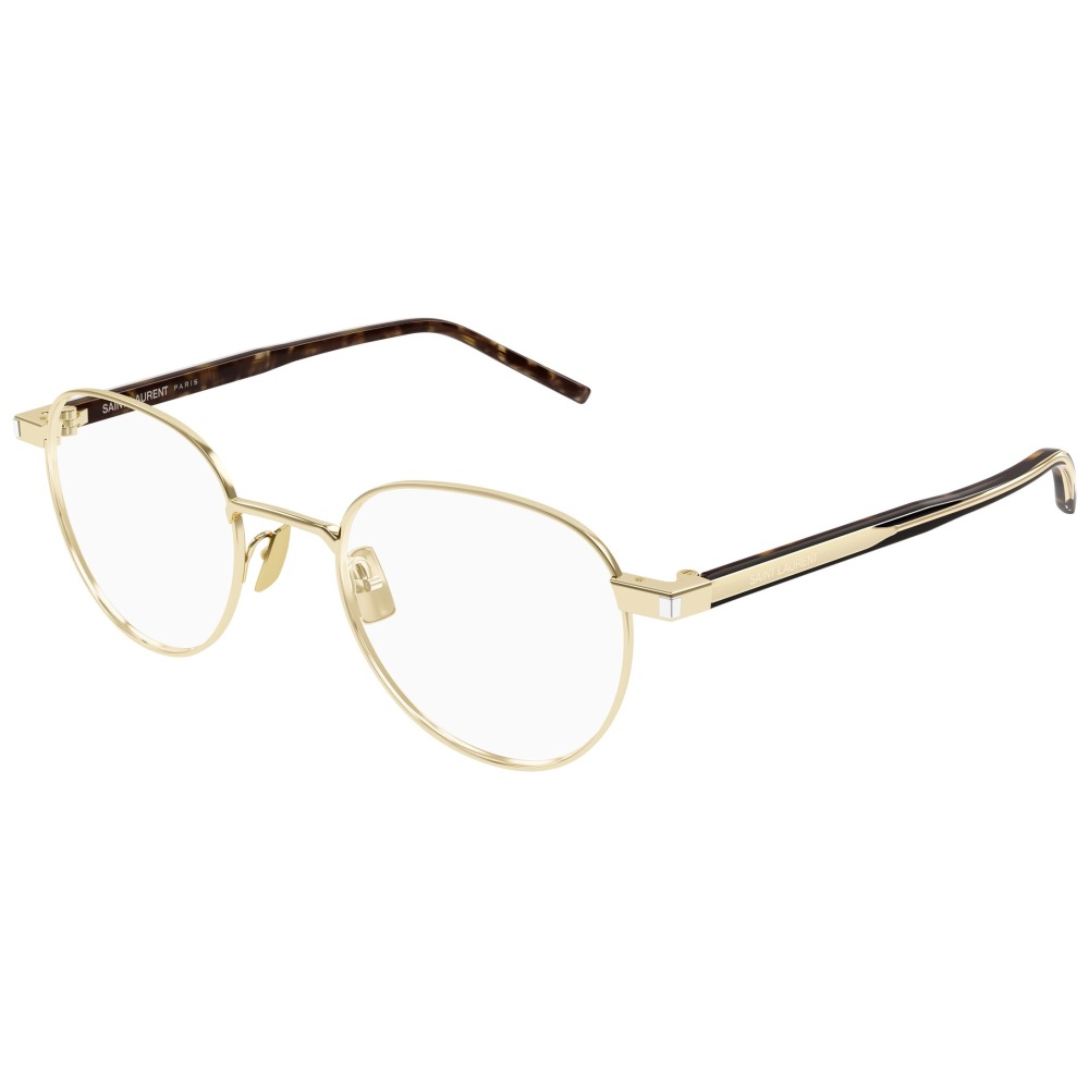 Occhiale Saint Laurent, montatura dorata sottile, forma arrotondata, aste marroni tartarugate.