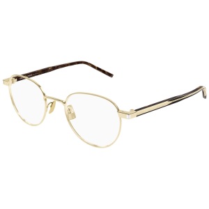 Occhiale Saint Laurent, montatura dorata sottile, forma arrotondata, aste marroni tartarugate.