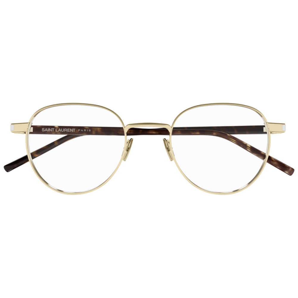 Occhiali Saint Laurent con montatura dorata e sottile, forma rotonda con aste marroni sfumate.
