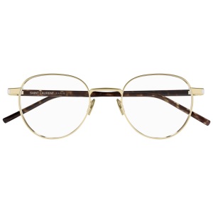 Occhiali Saint Laurent con montatura dorata e sottile, forma rotonda con aste marroni sfumate.